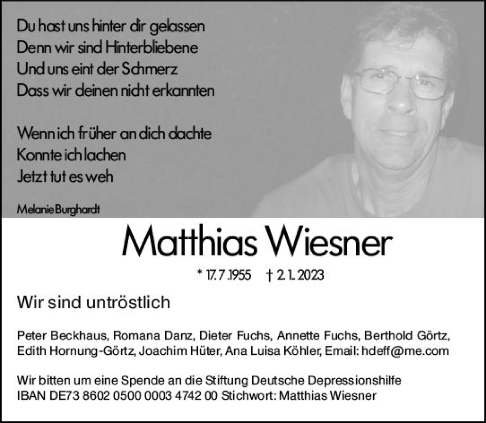  Traueranzeige für Matthias Wiesner vom 21.01.2023 aus DieburgerAnzeiger/Groß-Zimmerner Lokalanzeiger