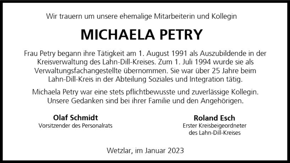  Traueranzeige für Michaela Petry vom 27.01.2023 aus Dill Block
