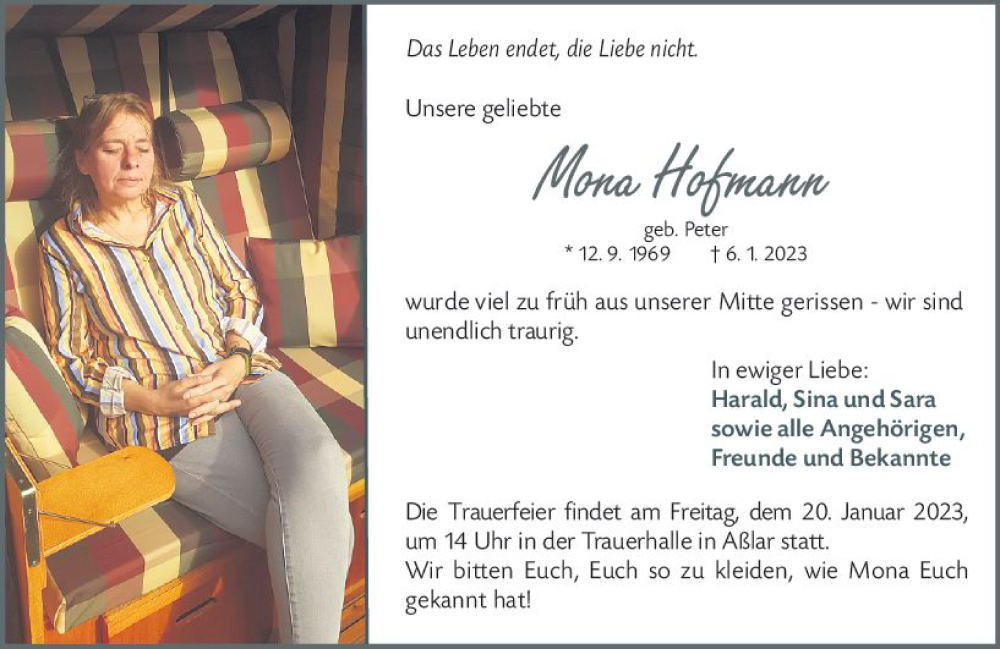  Traueranzeige für Mona Hofmann vom 17.01.2023 aus Wetzlarer Neue Zeitung