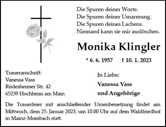 Traueranzeige von Monika Klingler von Allgemeine Zeitung Mainz
