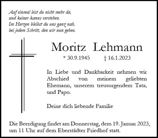 Traueranzeige von Moritz Lehmann von Darmstädter Echo