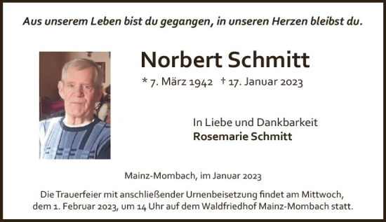 Traueranzeige von Norbert Schmitt von Allgemeine Zeitung Mainz