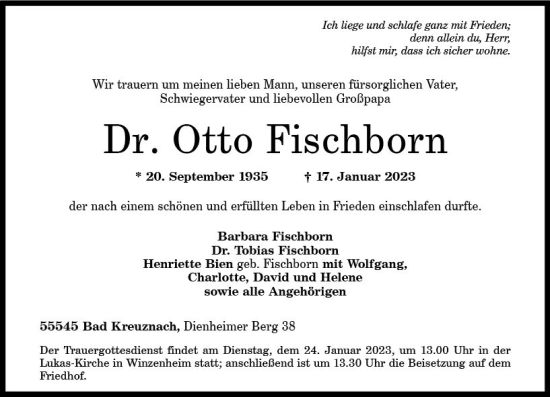 Traueranzeige von Otto Fischborn von Allgemeine Zeitung Bad Kreuznach