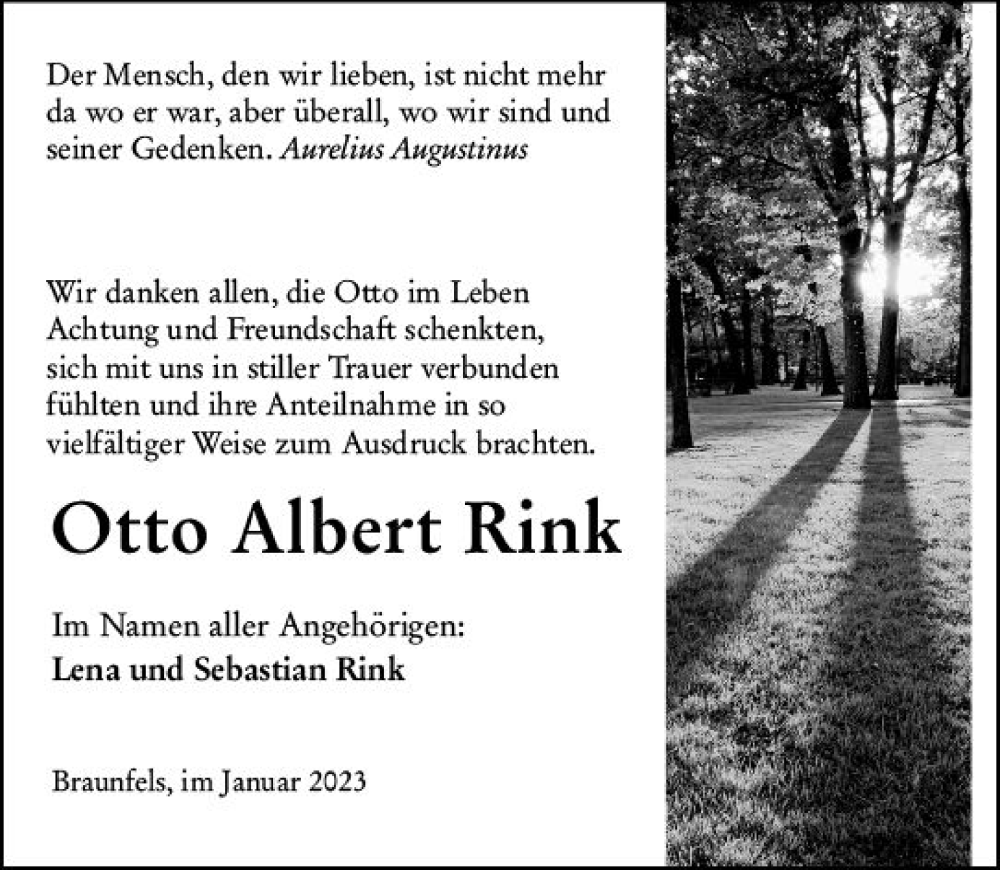  Traueranzeige für Otto Albert Rink vom 27.01.2023 aus Wetzlarer Neue Zeitung