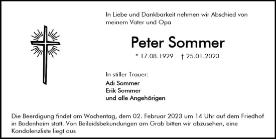 Traueranzeige von Peter Sommer von Allgemeine Zeitung Mainz