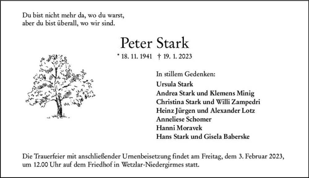  Traueranzeige für Peter Stark vom 31.01.2023 aus Wetzlarer Neue Zeitung