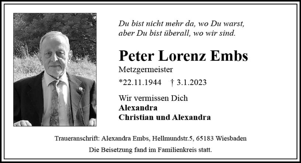  Traueranzeige für Peter Lorenz Embs vom 21.01.2023 aus Wiesbadener Kurier gesamt