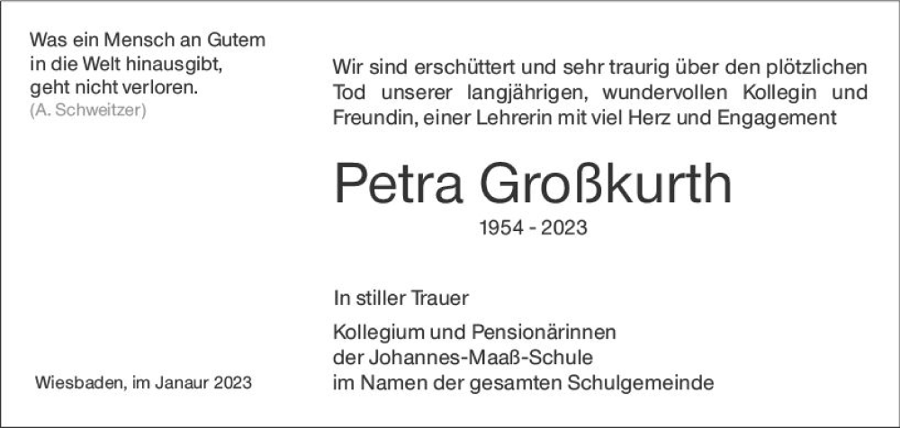  Traueranzeige für Petra Großkurth vom 28.01.2023 aus Wiesbadener Kurier gesamt