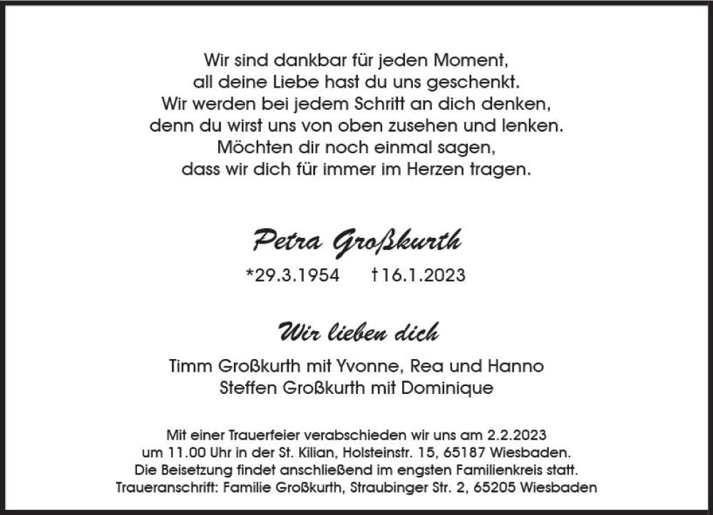  Traueranzeige für Petra Großkurth vom 28.01.2023 aus Wiesbadener Kurier gesamt