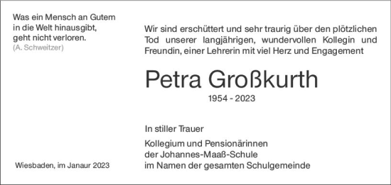 Traueranzeige von Petra Großkurth von Wiesbadener Kurier gesamt