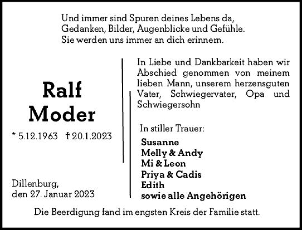  Traueranzeige für Ralf Moder vom 27.01.2023 aus Dill Block