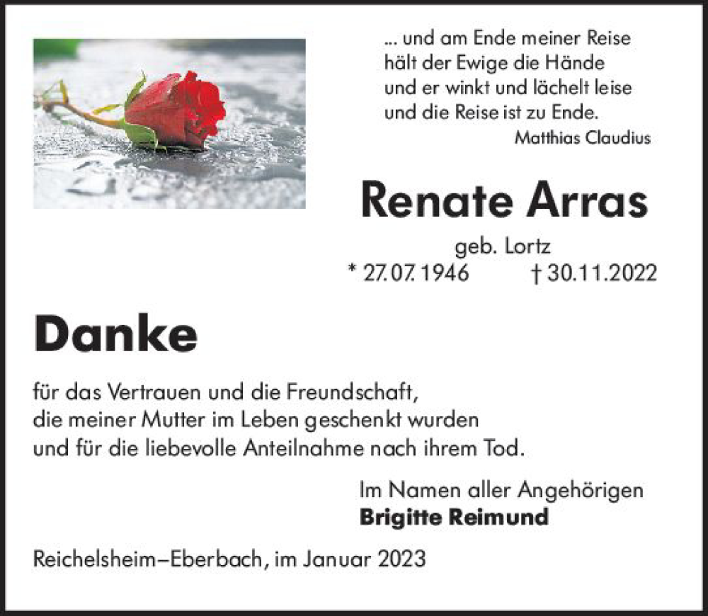  Traueranzeige für Renate Arras vom 14.01.2023 aus Odenwälder Echo