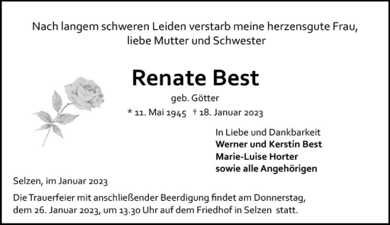 Traueranzeige von Renate Best von Allgemeine Zeitung Mainz