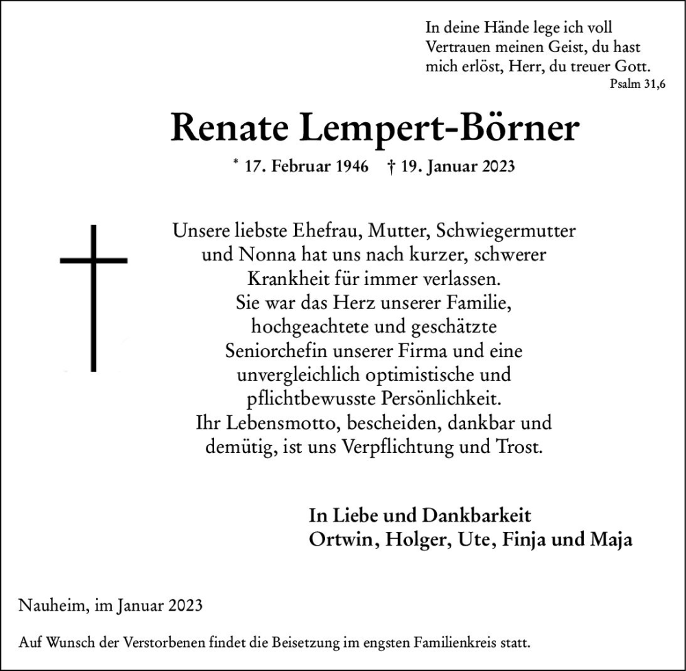  Traueranzeige für Renate Lempert-Börner vom 21.01.2023 aus Rüsselsheimer Echo