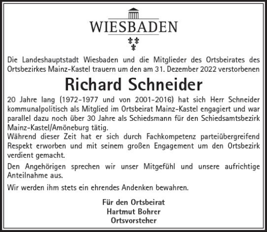 Traueranzeige von Richard Schneider von Wiesbadener Kurier gesamt