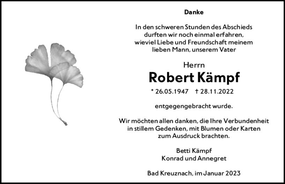  Traueranzeige für Robert Kämpf vom 14.01.2023 aus Allgemeine Zeitung Bad Kreuznach