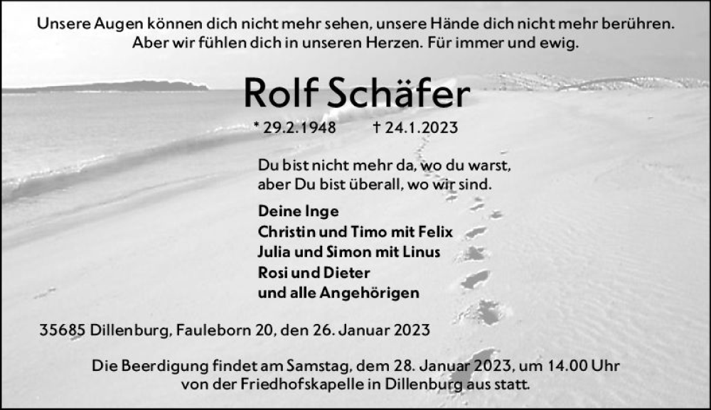 Traueranzeige für Rolf Schäfer vom 26.01.2023 aus Dill Block