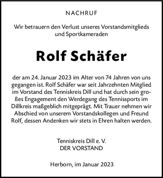 Traueranzeige von Rolf Schäfer von Dill Block