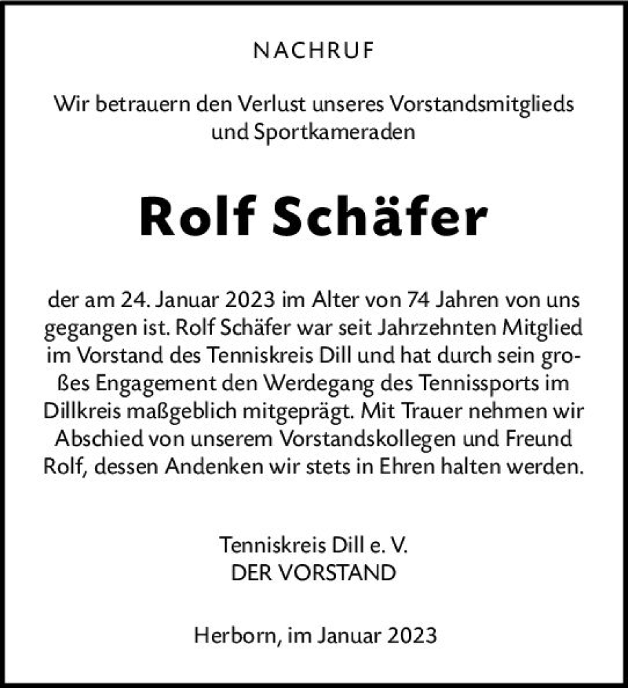  Traueranzeige für Rolf Schäfer vom 30.01.2023 aus Dill Block