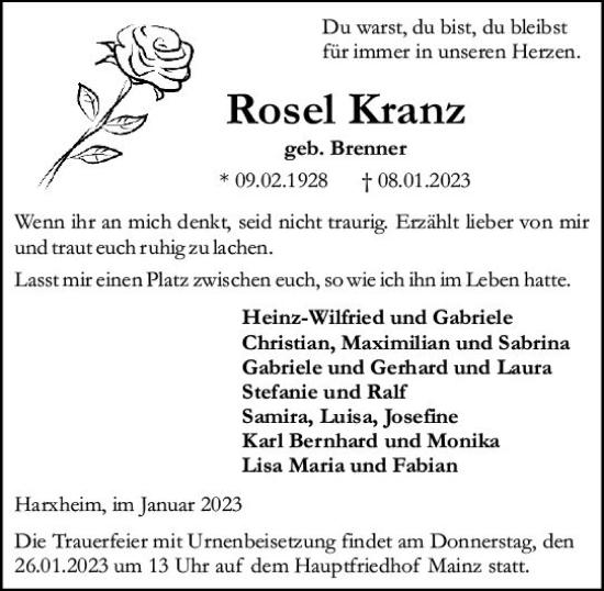 Traueranzeige von Rose Kranz von Allgemeine Zeitung Mainz