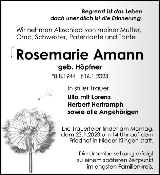 Traueranzeige von Rosemarie Amann von Darmstädter Echo