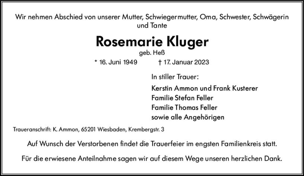  Traueranzeige für Rosemarie Kluger vom 28.01.2023 aus Wiesbadener Kurier gesamt
