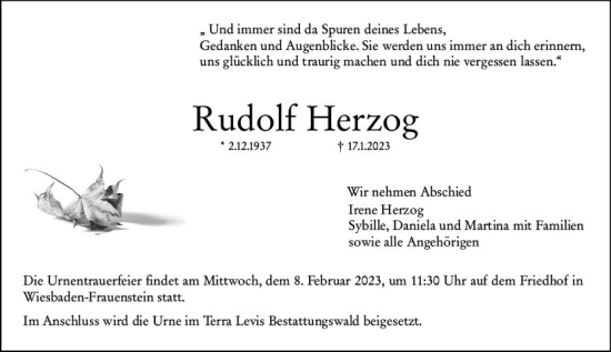 Traueranzeige von Rudolf Herzog von Wiesbadener Kurier gesamt