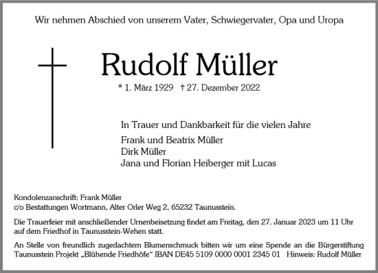 Traueranzeige von Rudolf Müller von Wiesbadener Kurier gesamt