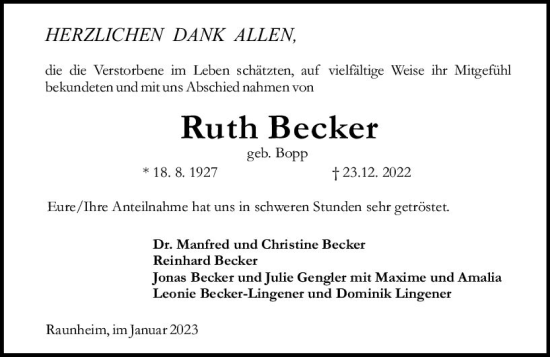 Traueranzeige von Ruth Becker von Rüsselsheimer Echo