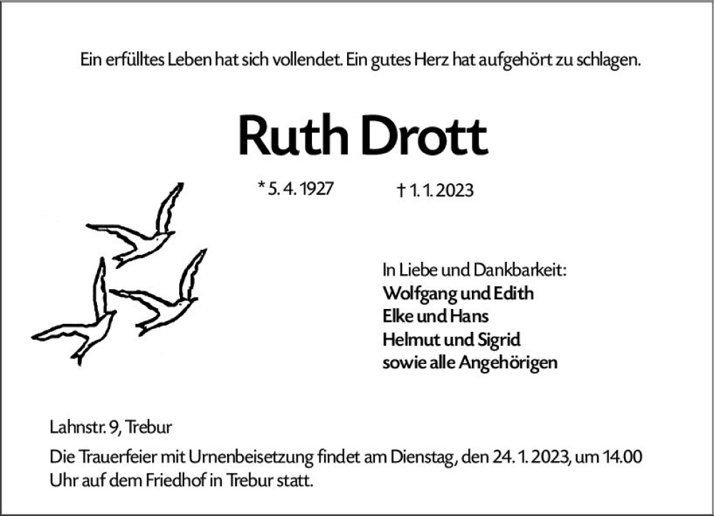  Traueranzeige für Ruth Drott vom 19.01.2023 aus Groß-Gerauer Echo