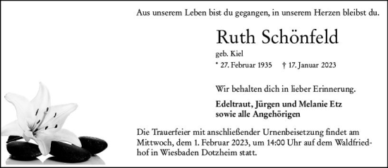 Traueranzeige von Ruth Schönfeld von Wiesbadener Kurier gesamt