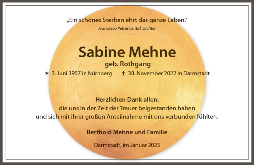  Traueranzeige für Sabine Mehne vom 14.01.2023 aus Darmstädter Echo