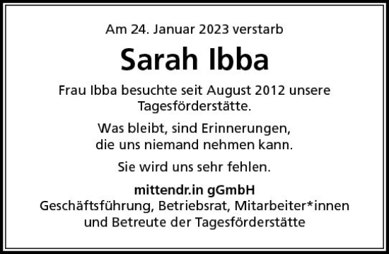 Traueranzeige von Sarah Ibba von Allgemeine Zeitung Ingelheim-Bingen