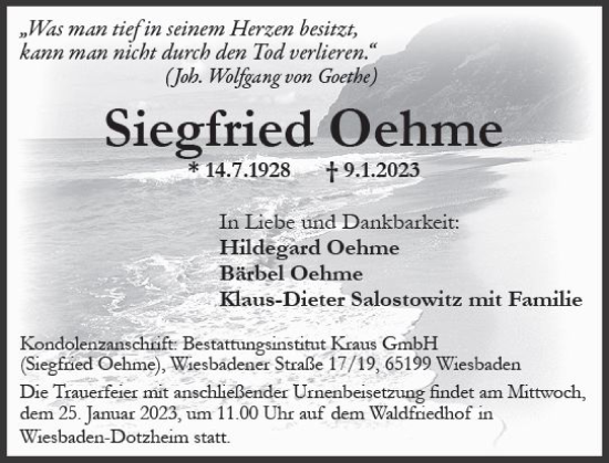 Traueranzeige von Siegfried Oehme von Wiesbadener Kurier gesamt