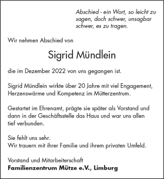 Traueranzeige von Sigrid Mündlein von Nassauische Neue Presse