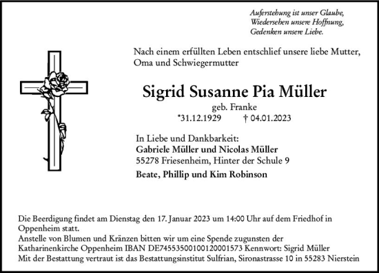 Traueranzeige von Sigrid Susanne Pia Müller von Allgemeine Zeitung Mainz