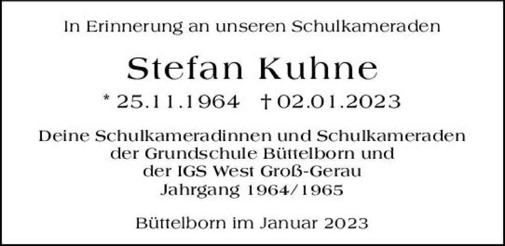  Traueranzeige für Stefan Kuhne vom 21.01.2023 aus Groß-Gerauer Echo