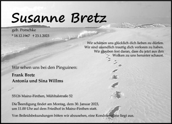Traueranzeige von Susanne Bretz von Allgemeine Zeitung Mainz