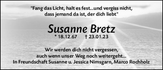 Traueranzeige von Susanne Bretz von Allgemeine Zeitung Mainz
