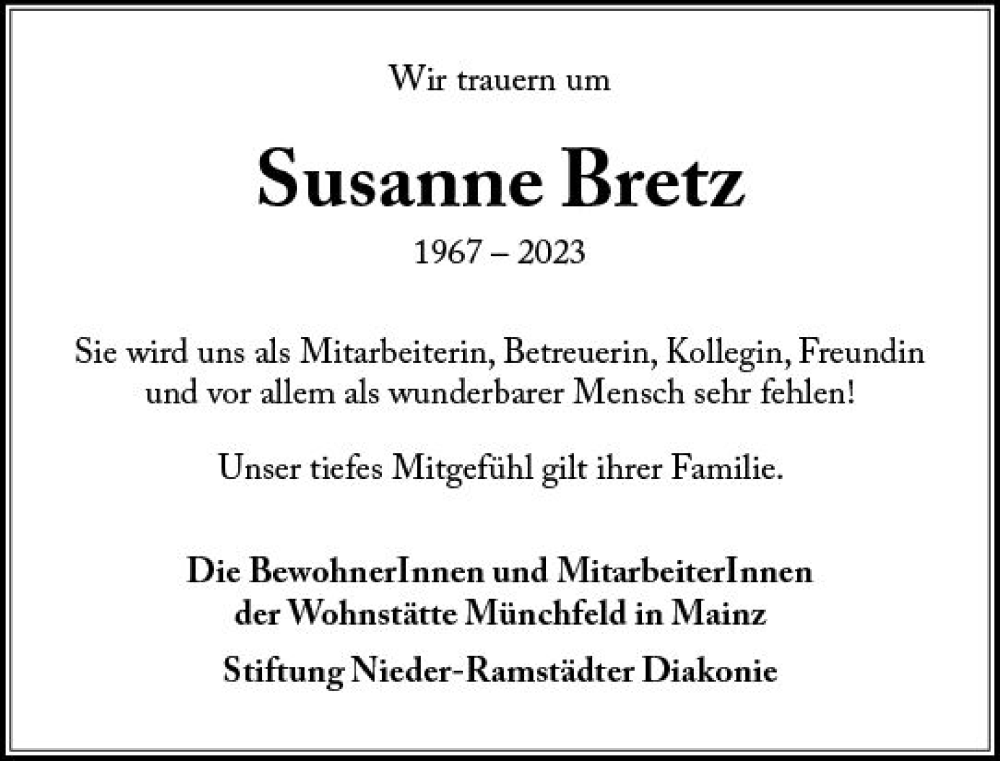  Traueranzeige für Susanne Bretz vom 28.01.2023 aus Allgemeine Zeitung Mainz
