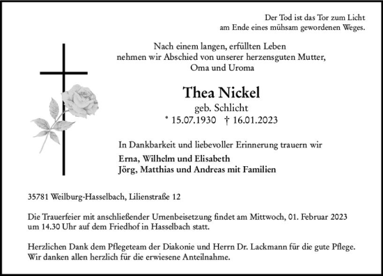 Traueranzeige von Thea Nickel von Weilburger Tageblatt