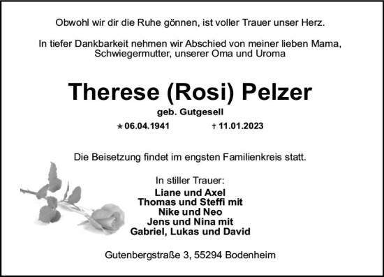 Traueranzeige von Therese Pelzer von Allgemeine Zeitung Mainz