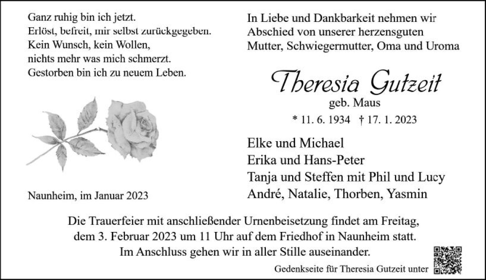  Traueranzeige für Theresia Gutzeit vom 31.01.2023 aus Wetzlarer Neue Zeitung