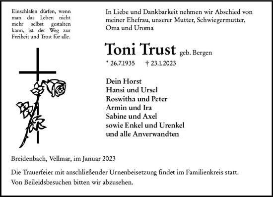 Traueranzeige von Toni Trust von Hinterländer Anzeiger