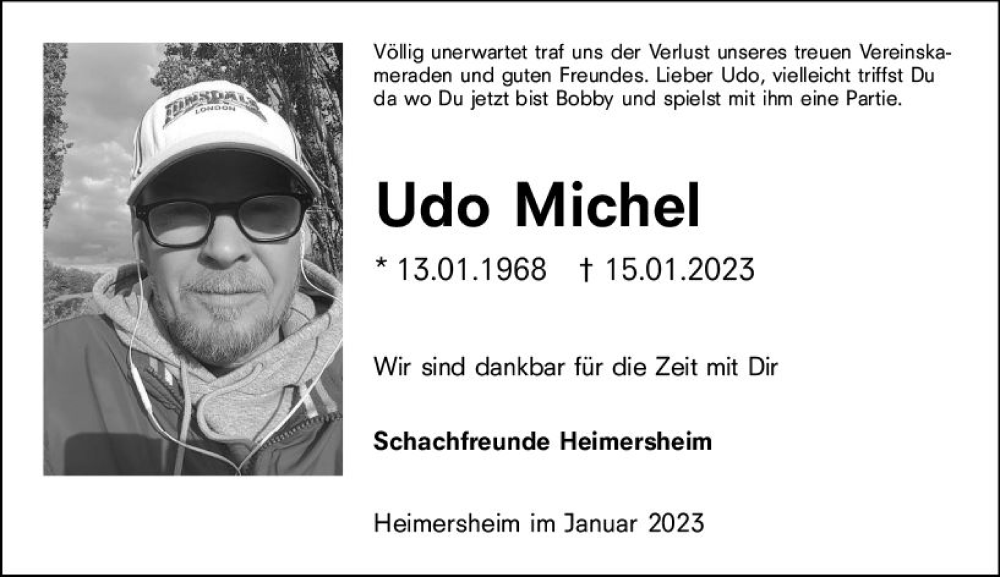  Traueranzeige für Udo Michel vom 19.01.2023 aus Allgemeine Zeitung Alzey