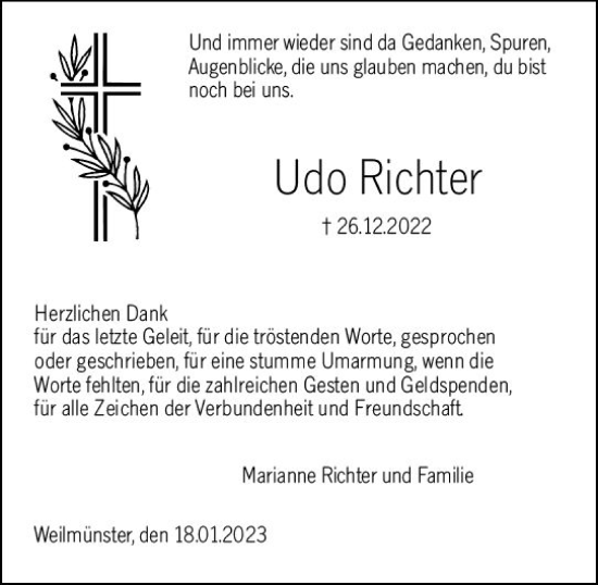 Traueranzeige von Udo Richter von Weilburger Tageblatt