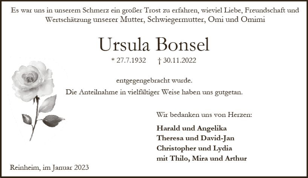 Traueranzeige für Ursula Bonsel vom 28.01.2023 aus Darmstädter Echo