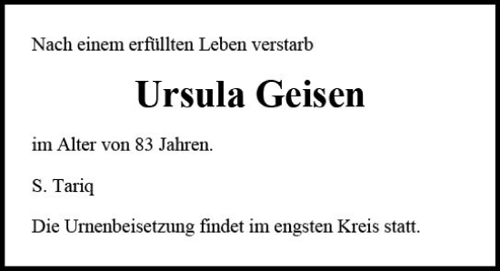 Traueranzeige von Ursula Geisen von Allgemeine Zeitung Mainz