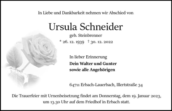 Traueranzeige von Ursula Schneider von Odenwälder Echo