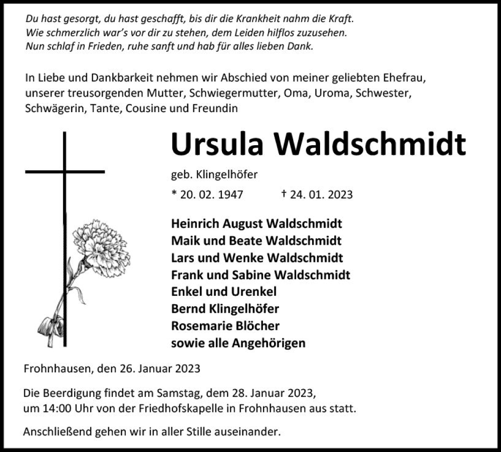  Traueranzeige für Ursula Waldschmidt vom 26.01.2023 aus Dill Block